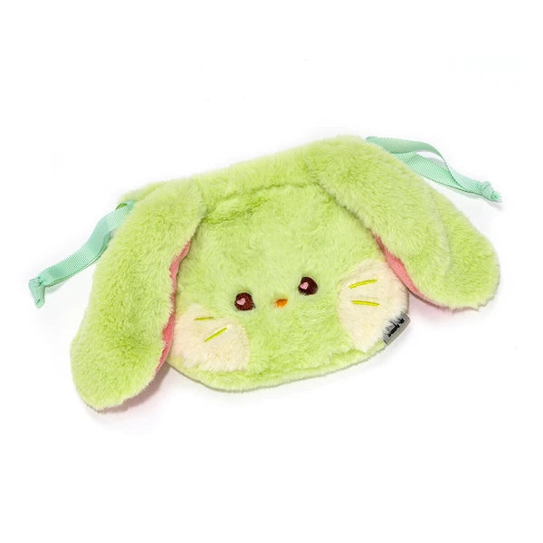 NewJeans Bunini Green Plush Drawstring Pouch - Fluffy Bunny Face Bag